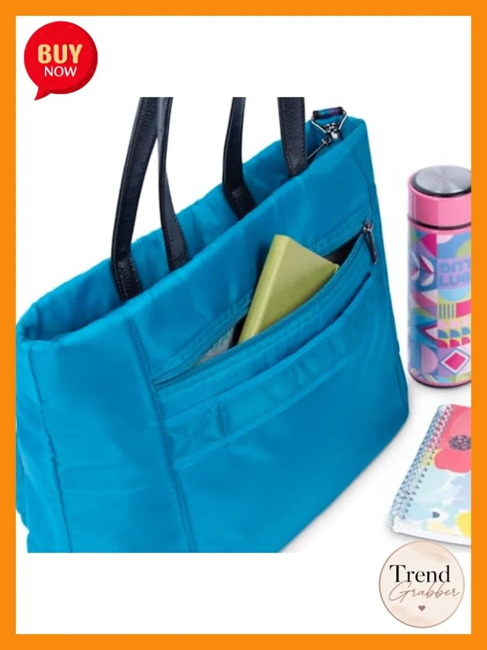 Nylon Tote Bag with Vegan Leather Handles and Multiple Pockets